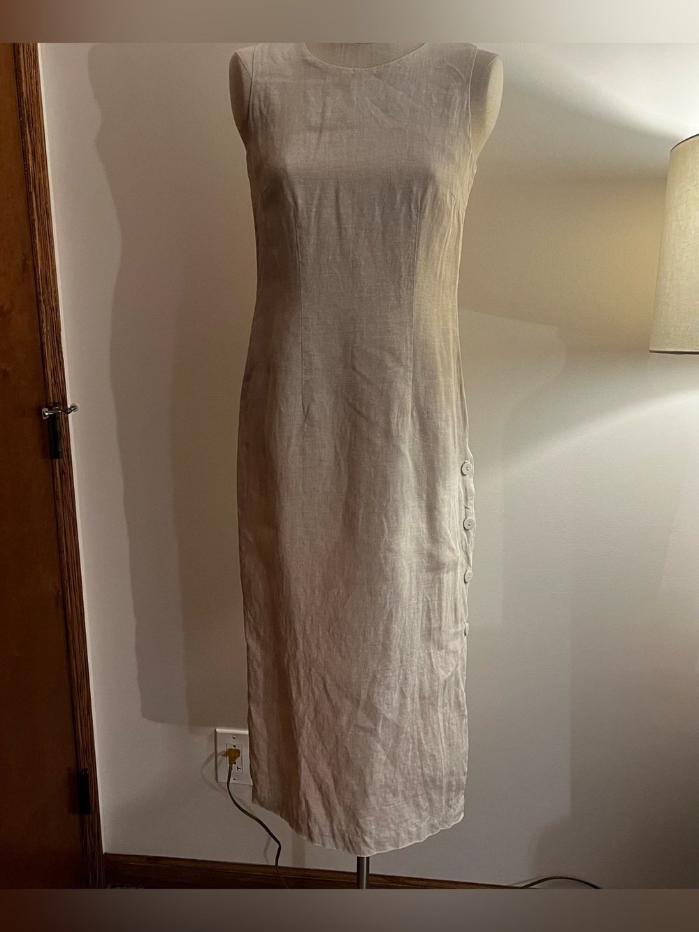 Vintage Sleeveless Cream 100% Linen Blend Midi Dress